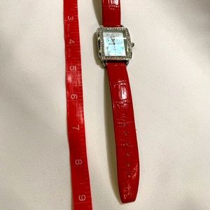 Red, genuine leather watch band, crystal surrounded watch face